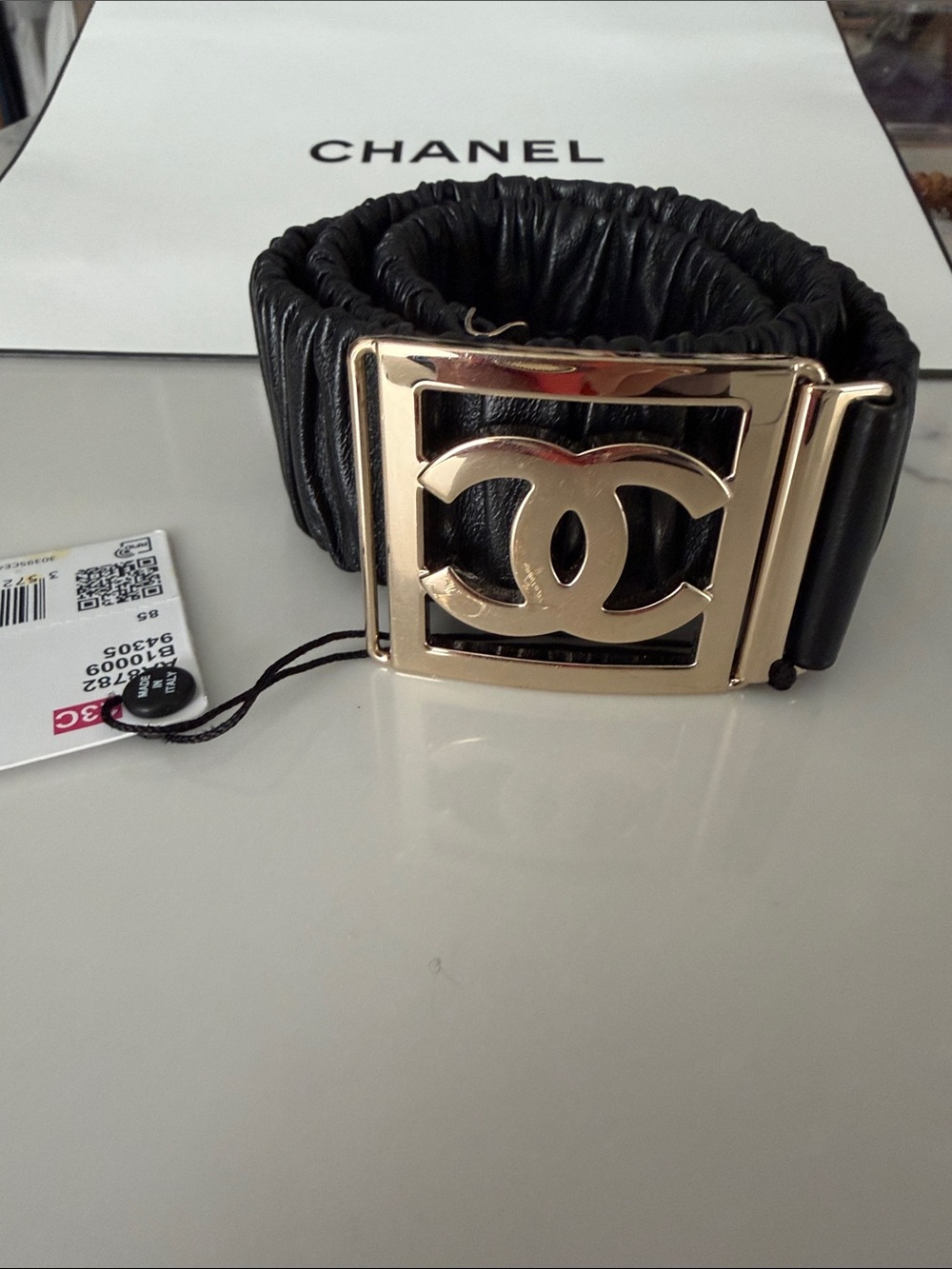 CHANEL Black Ruched Leather Belt with Gold CC Square Buckle
